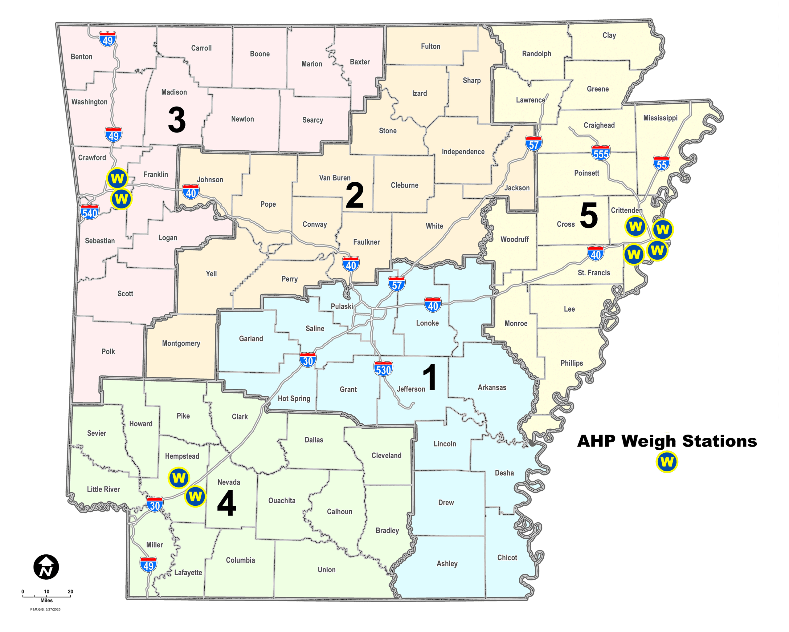 Map of the 8 locations for the Arkansas Highway Police Weigh Stations