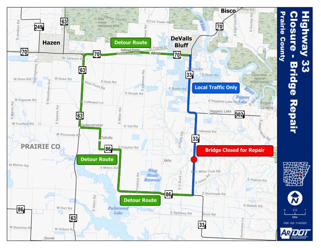 Detour map for Highway 33 bridge closure across Honey Creek.